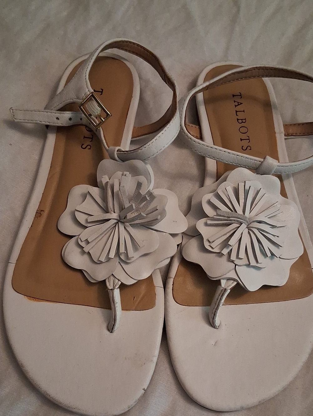 Talbots White Floral T-Strap Sandals with Gold Buckle